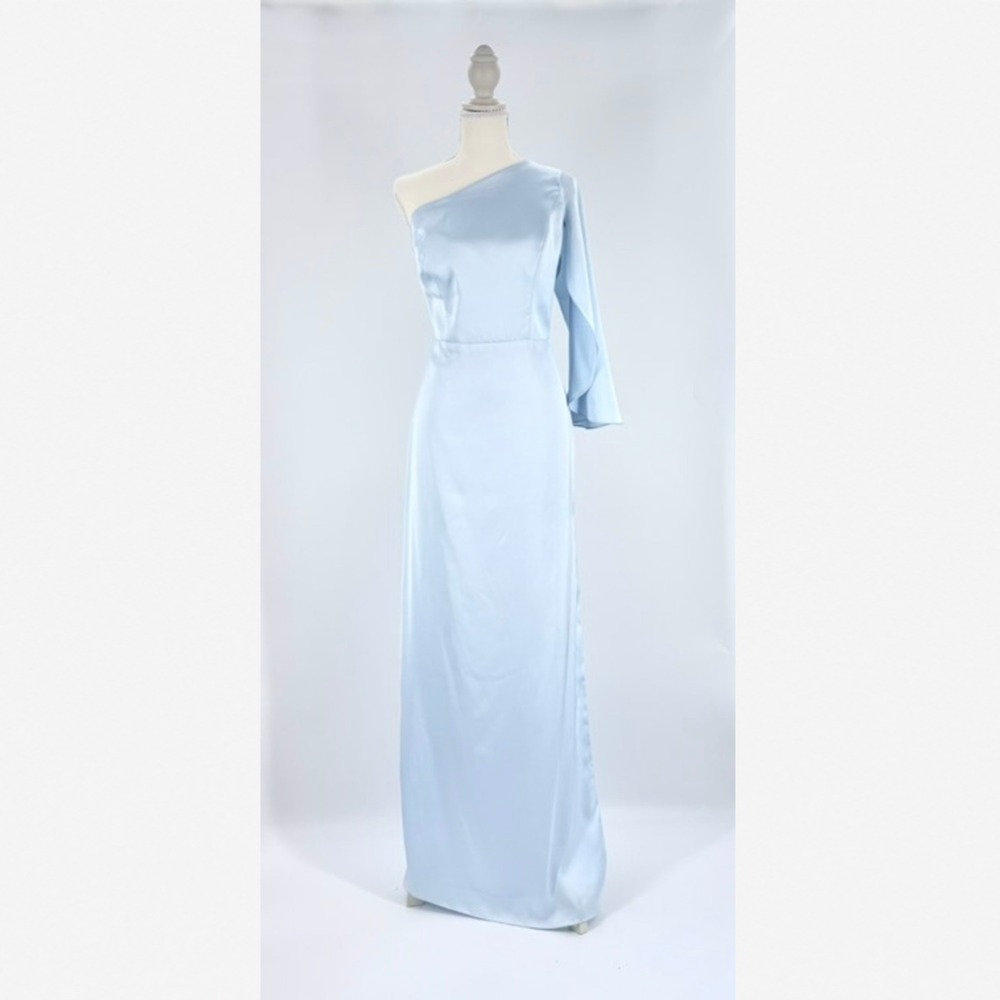 Birdie Grey Baby Blue Satin One Shoulder Formal Maxi Dress Large